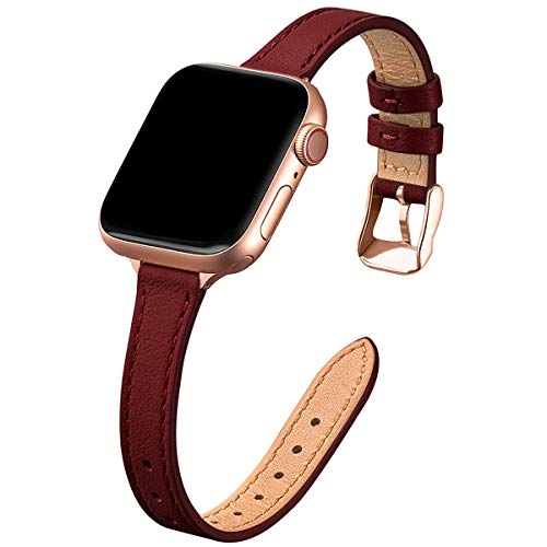 Image of STIROLL Slim Leather Bands Compatible with Apple Watch Band 38mm 40mm 41mm 42mm 44mm 45mm 49mm,Top Grain Leather Watch Thin Wristband for iWatch Ultra SE Series 8 /7 /6 /5 /4 /3 /2(Wine Red with Rose Gold)