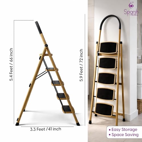 Image of Sparsh Pearl Steel Ladder for Home 5 Steps Foldable with Anti-Skid Wide Steps | 5 Step Ladder for Home Use with D-Shape Rods | Secure Lock | 150 Kg Capacity Folding Ladder | 5 Year Warranty (Gold)