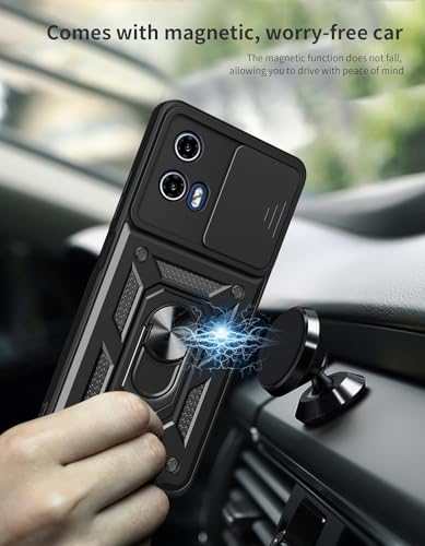 Image of SPAZY CASE Moto G35 5G Back Case | Heavy Duty Hybrid Case with 360 Degree Rotating Finger Ring Holder + Slider Shutter Camera Protection Cover for Moto G35 5G 5G - Black