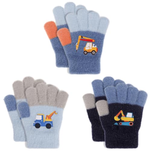 QKURT Kinder-Magic-Handschuhe, 3 Paar Kinder-Stretch-Vollfinger-Handschuhe, Winter-Thermofäustlinge,elastische Fäustlinge, Kälteschutzhandschuhe, Baggermuster, für Jungen und Mädchen, 1–5 Jahre