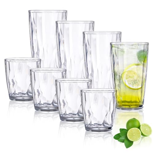 TIE-DailyNec 8 Piece Verre a Eau, 470ml et310ml Gobelets en Plastique Reutilisable, Verres à Jus en Cristal, Gobelets à Boire Incassables pour Pique-niques,...