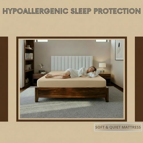Image of 100% Waterproof Premium Cotton Feel Mattress Protector King Size 78x72 Inches | Breathable and Hypoallergenic Ultra Soft Fitted Bed Protector Cover (Beige)