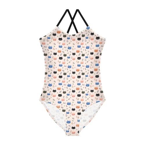senya Girls Swimsuits One-Piece Swimwear Tie Bathing Suit Beach Summer Round Neck 5-6T Colorful Cat Pattern