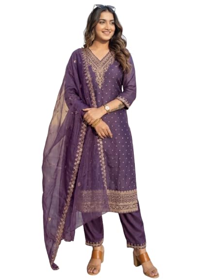 Image of VredeVogel Women's Chanderi Silk Embroidered Kurta with Pant & Organza Dupatta Set | Casual Outfit Ethnic Kurta Set for Women | Modern & Traditional Blend Ethnic Wear