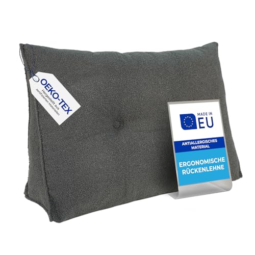 Pillows24 - Rückenkissen für Bett & Sofa mit abnehmbarem, waschbarem Bezug [ 70 cm/Dunkelgrau/Boucle ] Bequemes Keilkissen und Lesekissen fürs Bett | Großes Sofakissen für Rückenlehne und Sofa