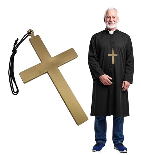 Nicky Bigs Novelties Large Gold Monk Cross Necklace – 9" Plastic Cross Prop for Priest Nun Pope Costumes – Halloween Cosplay Church Costume Accessory, 5 x 9 Inches2