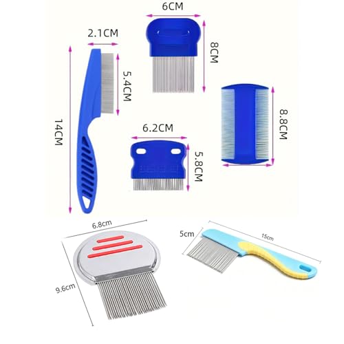 Image of Lice Removal Comb, 7-Piece Flea Comb Set with Red Light Tips, Blue Long Needle Design for Efficient Lice Removal, Complete 5-Piece Kit with Blue Handles for Pet Grooming and Hair Care