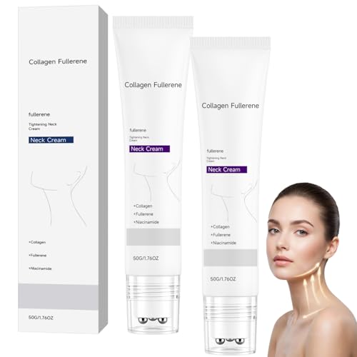 STDKDFW Magic Collagen Fullerene Neck Cream Tighten & Lift Firming for Crepey Skin Collagen Peptides Anti-Wrinkle Neck Skincare Smoother & Youthful-Looking Skin with 5-Ball Roller (2 PCS)