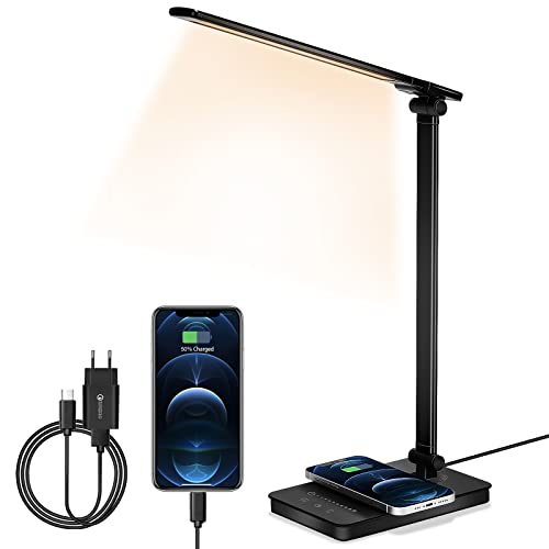 ZOVHYYA Lampe de Bureau LED avec Chargeur sans Fil 10W Lampes de Bureau Dimmable 5 Niveaux Luminosité 6 Modes Couleur Avec 2 Port USB et Fonction Minuteri Lumière Peut Etre Tournée Gauche et Droite Cover