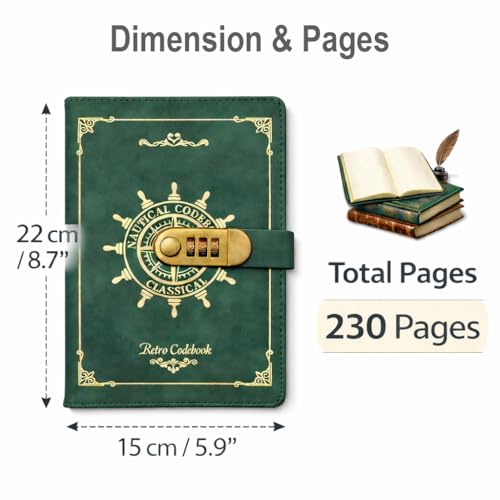 Image of STORE 2508 Vintage Finish Lock Diary with 3-Digit Metal Combination Lock | A5 Retro Codebook Journal | PU Leather Notebook with 230 Pages | Secret Password Diary for Writing Notes Gifts (Green Retro)