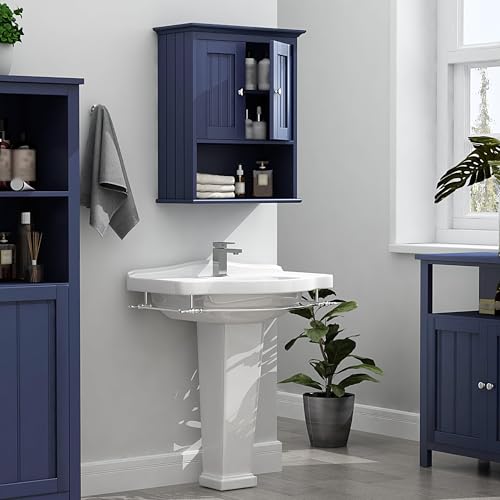 Image of Treocho Wood Wall Cabinet, Bathroom Medicine Cabinet Storage with Doors and Adjustable Shelf, Rustic Cabinet Wall Mounted for Bathroom, Living Room, Kitchen, Blue