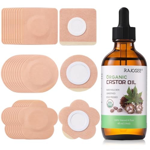 30Pcs Castor Oil Pack Wrap for Belly Button with 4oz Organic Castor Oil in Glass Bottle, Highly...