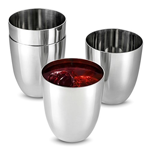 FineDine Unbreakable Stainless-Steel Drinking Glasses, Mirror Polished BPA-Free Curved Silhouette for Comfortable Grip, Space-Saving Cocktail Glasses, Chilling Effect. Beer and Cocktails, 12 Oz 4 Pack