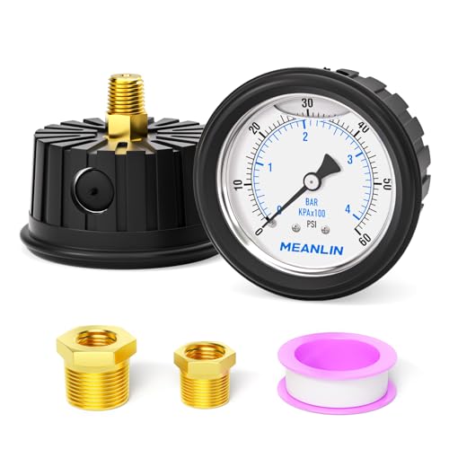 MEANLIN MEASURE 0~60Psi Stainless Steel 1/4" NPT 2.5" FACE DIAL Liquid Filled Pressure Gauge, Center Back Mount (with Rubber Protective Sleeve), with 1/2" NPT and 3/8" NPT Hex Bushing