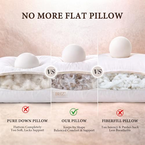 Image of BHZ Goose Down Feather Pillows Queen Size Set of 2, Hotel Collection Bed Pillows for Sleeping Medium Firm Soft Support Pillow for Side and Back Sleepers