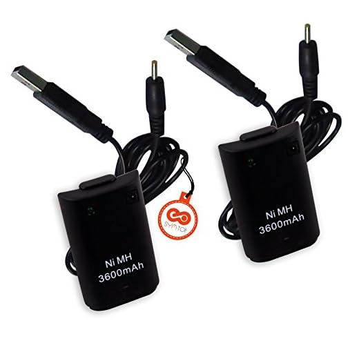 Batería Recargable para Xbox 360 Mando Remoto de Control Controlador de 3600mAh con Cable USB Pack de 2 / Negro