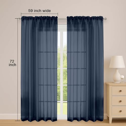 Image of OWENIE Navy Blue Sheer Curtains 72 Inches Long 2 Panels Set, Transparent Voile Sheer Curtain for Living Room Bedroom Window Sliding Glass Door Treatment, 59 x 72 Inch, Navy Blue