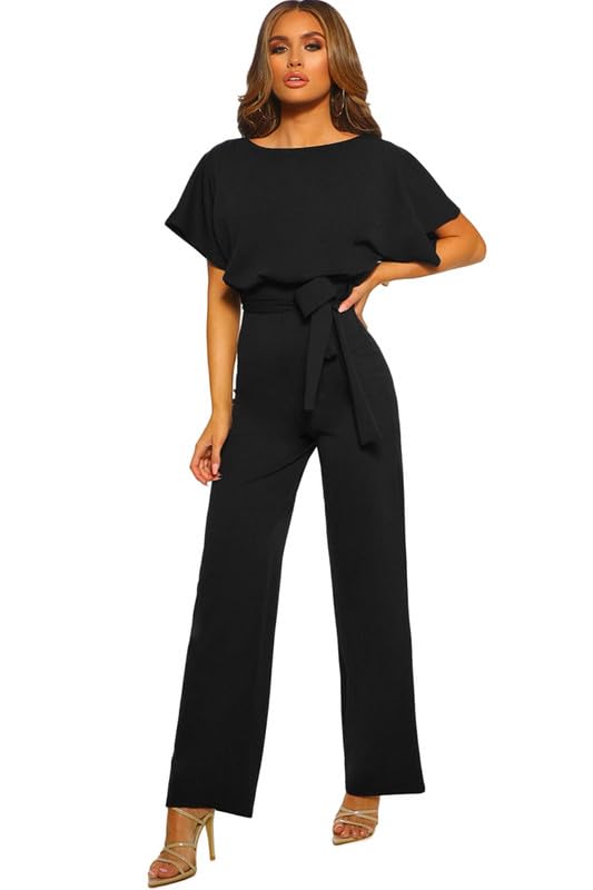 HaibangWomens Jumpsuits Elegant Dressy Short Sleeve Jumpsuits Crew Neck Belted Wide Leg Pant Romper Casual Long Playsuit One Piece Summer Outfits with Pockets