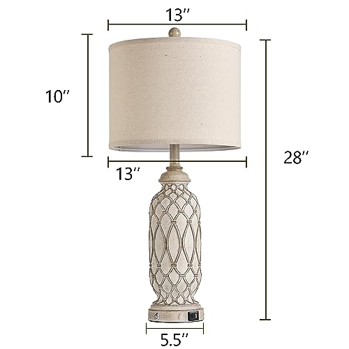 SRJJRS Farmhouse Table Lamps for Bedroom Set of 2, 28" Rustic Bedside Lamp with USB Ports, 3-Way Dimmable Nightstand Table Lamp for Living Room with Linen Drum Shade (Bulbs Included) - Image 6