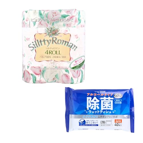 【セット品】四国特紙 トイレットペーパー シルティロマン 香りつき カラーロール ダブル 30m×4ロール+清潔習慣 除菌ウエットティシュ 40枚 2点セット トイレ用品&外出衛生向け