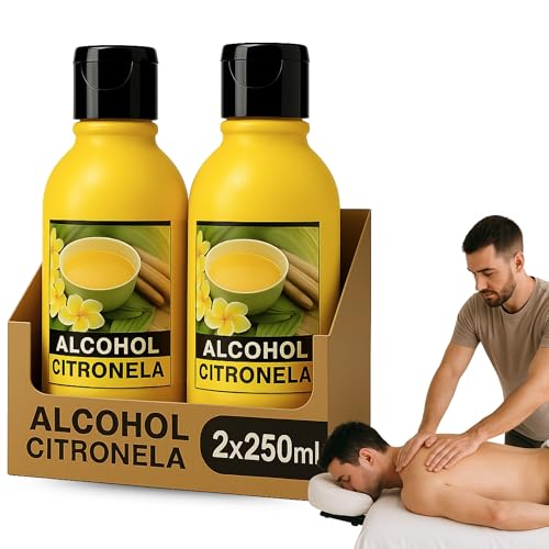 Alcohol de Citronela, Alcohol con esencia de Citronela, Ideal para friegas y masajes, Tonifica y refresca la piel, Solución Tópica Natural para Masaje, Alivio Muscular y Articular, 500 ml