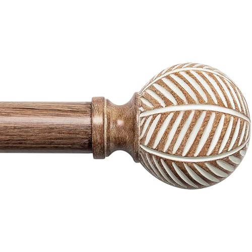 Image of Wood Curtain Rods for Windows: 1 Inch Diameter Adjustable Heavy Duty Curtain Rod 32" to 45" with Imitation Wood Grain Leaf Pattern Finials