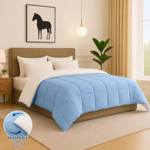 Image of Reversible Comforter Single Bed | Sky Blue & White | 200 GSM Lightweight All Season Comforter | Soft & Cozy Quilt Blanket