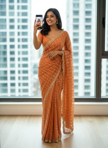 Image of RADHA Women's Embroidery Work Saree with Designer Border for Festive and Traditional Ethnic Drape Saree with Detailed Thread Style Pattern and Elegant Occasion Look