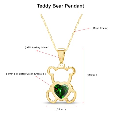 AFFY Teddy Bear Pendant Necklace for Women, 14K Gold Over 925 Sterling Silver with Heart-Shaped Simulated Birthstone, Cute Love Jewelry Gift with 18" Rope Chain2