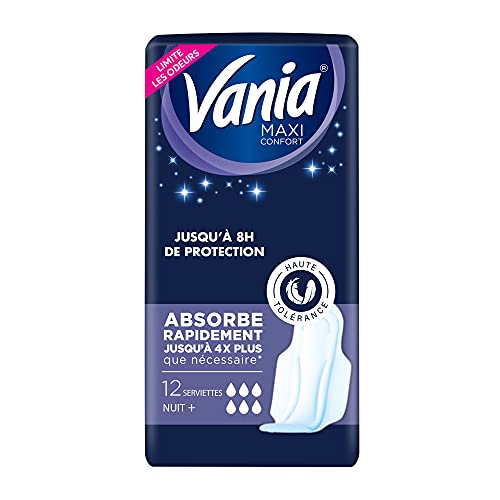 Vania Serviettes Hygiéniques, Maxi Confort, Nuit Plus, Extra Longue, Jusqu'à 8h de Protection,12 Unitès