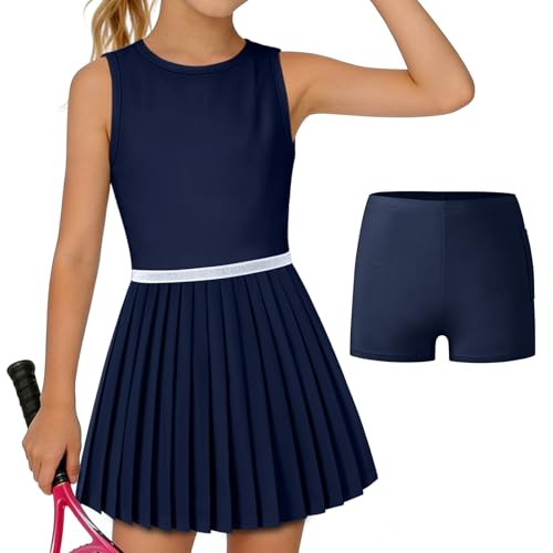 Luckrizyy Girls Tennis Golf Pickleball Dress Sleeveless Athletic Pleated Dress with Pocket Shorts Glitter Waist 4-12Y Royal Blue