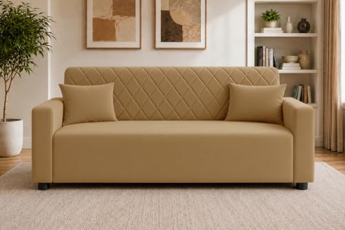 Image of Rosebell 3 Seater Wooden Sofa for Living Room, Modern Fabric Upholstered Sofa with Quilted Backrest, Cushioned Seating, Padded Armrests & Sturdy Wooden Frame - Golden