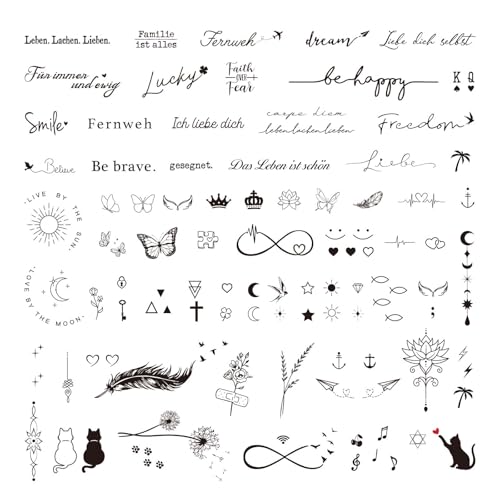 COMOOKA 6 Blätter 120+pcs Temporäre Tattoos Fake Tattoos Sprüche auf Deutsch Tattoo zum Aufkleben Festival Fasching Karneval Sommer Strand Party Zubehör Klebetattoos für Frauen Männer