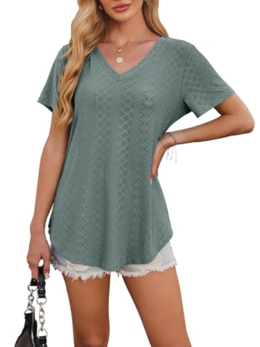 OFEEFAN Womens T Shirts V Neck Short Sleeve Casual Tops Loose Fit Basic Tees with Curved Hem4