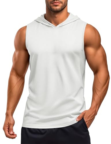 MAGCOMSEN Sleeveless Hoodies for Men UV Protection Workout Gym Athletic Running Muscle Hooded Tank Top White L