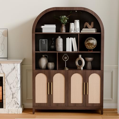 Image of 71 inch Tall Wide Arched Storage Cabinet, 5-Tier Rattan-Door Bookcase with Divider Shelf & Gold Pull Handles, Wood Versatile Pantry Organizer for Living Room /Kitchen /Office, Walnut