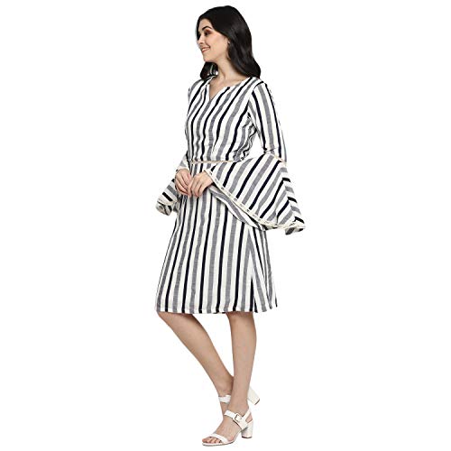 Image of DEEBACO Women's A Line /Fit & Flare Knee Length Dresses for Women Bell Sleeve Printed Striped Dress Midi for Girls Western Lace Dresses (Pink, Blue, Green, Yellow)