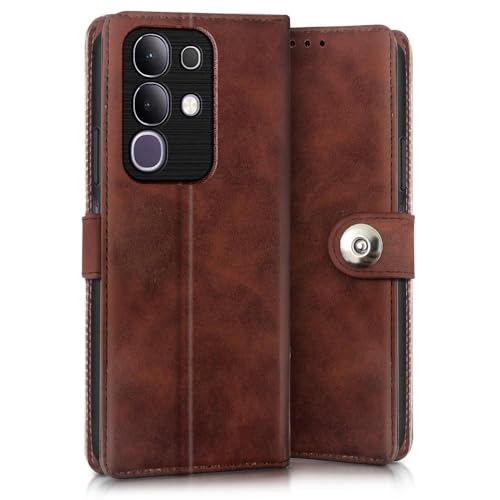 Image of WOW IMAGINE Shock Proof Flip Cover Back Case for Vivo T4x 5G | iQoo Z10x 5G | Vivo Y31 Pro 5G (Magnetic Button Flip Case | Wallet Pockets & Stand | Leather Finish | Coffee)