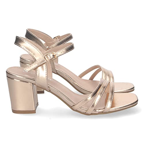 shoes&blues.es 74708-Sandalia de Tacon para Mujer, Comoda, con Palas Finas, Talon Abierto, y Cierre de Hebilla, Primavera Verano 2023. Talla 36 Champan
