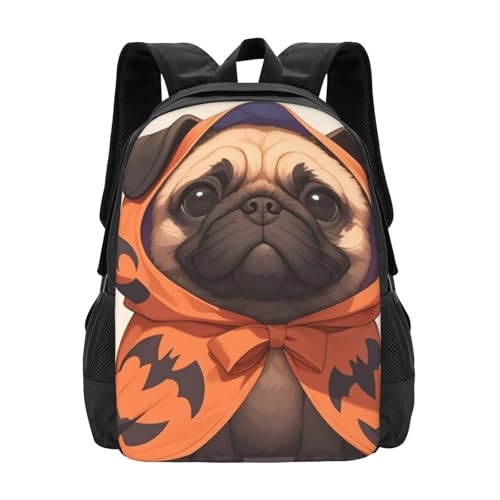 Large Capacity Pug Wearing Halloween Costume Backpack Large Multipurpose Bag Double Zipper Backpack Unisex 17 Inch