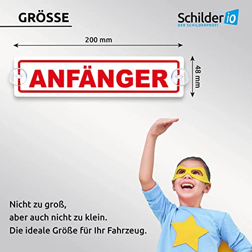 Schilderio Premium Saugnapfschild Schild Anfänger 3 mm Acrylglas ca 200 x 50 mm Anfänger Schild Auto mit 2 Saugnäpfen 20 mm Autoschild Anfaenger zur Befestigung an Autoscheiben von innen