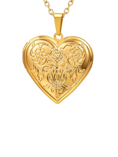 U7 Colgante Corazón Foto para Mujer Dorado Acero Inoxidable, Collar Mujer Guarda Foto Medallón de Corazón de Flores Chapado en Oro 14K Joyería para Mujeres con Caja Regalo