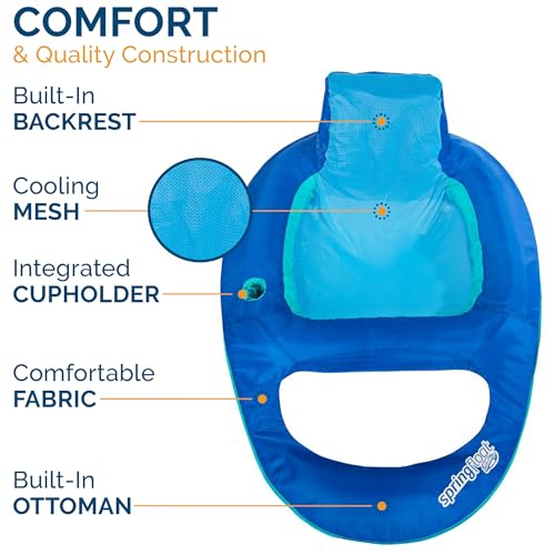 Image of SwimWays Spring Float Recliner Chair for Swimming Pool, Inflatable Pool Floats Adult with Fast Inflation, Cup Holder & Foot Rest for Ages 15 & Up, Blue