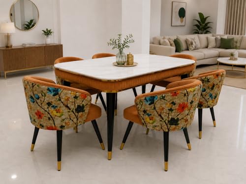 Image of WOODEN SPACE 6-Seater Wooden Dining Table Set | Nano Composite Marble Top | Solid Wood Base | Modern Dining Room Furniture with 6 Chairs (Mustard Printed)