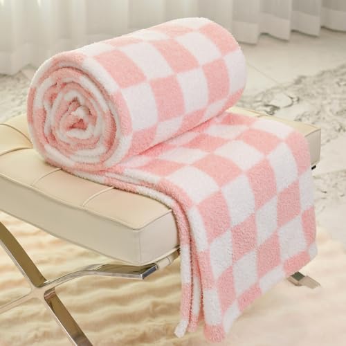 DREAMLANDING Checkerboard Checkered Blanket Grid Chessboard Gingham Throw Blanket Fuzzy Fluffy Cozy Thick Warm Soft Microfiber Plaid Blanket for Home Decor Bed Sofa Couch (Pink Plaid,127 * 152cm) - Image 4