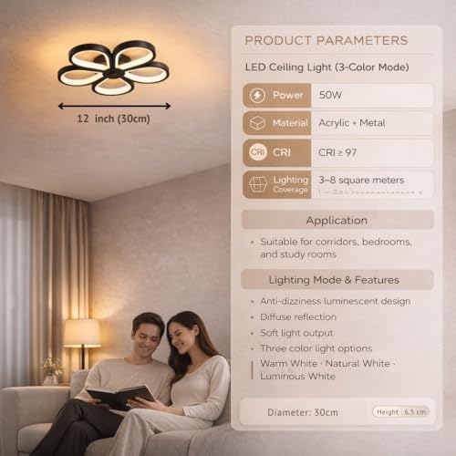 Image of ORANOOR 50W LED Ceiling Chandelier Light - 3 Color Mode (Warm /Natural /Cool), 12 Inch Flower Design, Eye-Protecting Light for Living Room, Bedroom & Hall