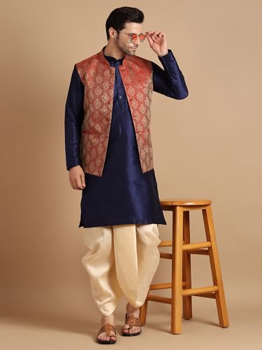 Image of Men's Silk Blend Solid Kurta Dhoti Set with Designer Ethnic Nehru Jacket