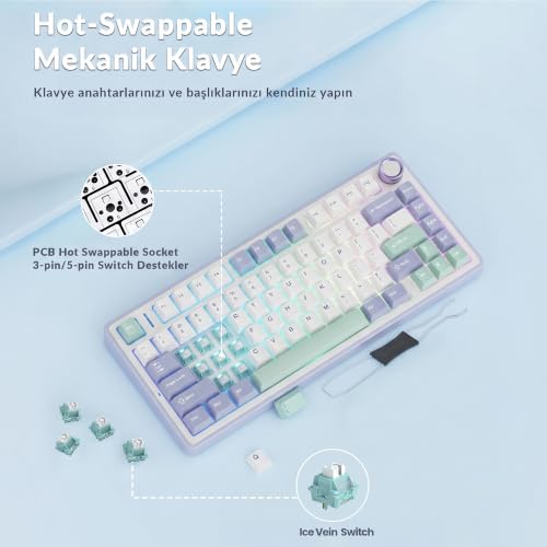 Image of AULA F75 75% Wireless Mechanical Keyboard | Hot Swappable | Pre-lubed Linear Switches | RGB Backlit | 2.4GHz /Type-C /Bluetooth Gaming Keyboard (Cedar Green, Ice Vein Switch)
