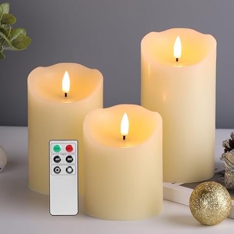 Eywamage Ivory Flameless Pillar Candles with Remote, Flickering Realistic LED Battery Wax Candles Set of 3, Φ 3" H 4" 5" 6" Cover