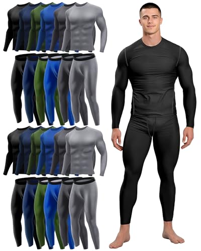 Hicarer 12 Set Mens Workout Compression Set Bulk for Men Wholesale Base Layer Winter Top Bottom No Plush Lining(Small)